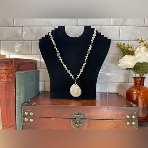 Mixed Freshwater pearl and abalone necklace, blacks, whites and greys
